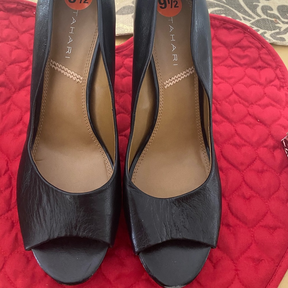 Black leather peep toe heels